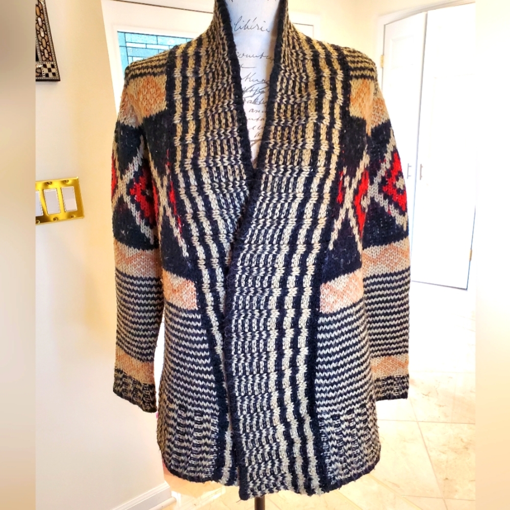 Pink Republic Wool Like Black Red And Tan Sweater With Red Diamond Pattern